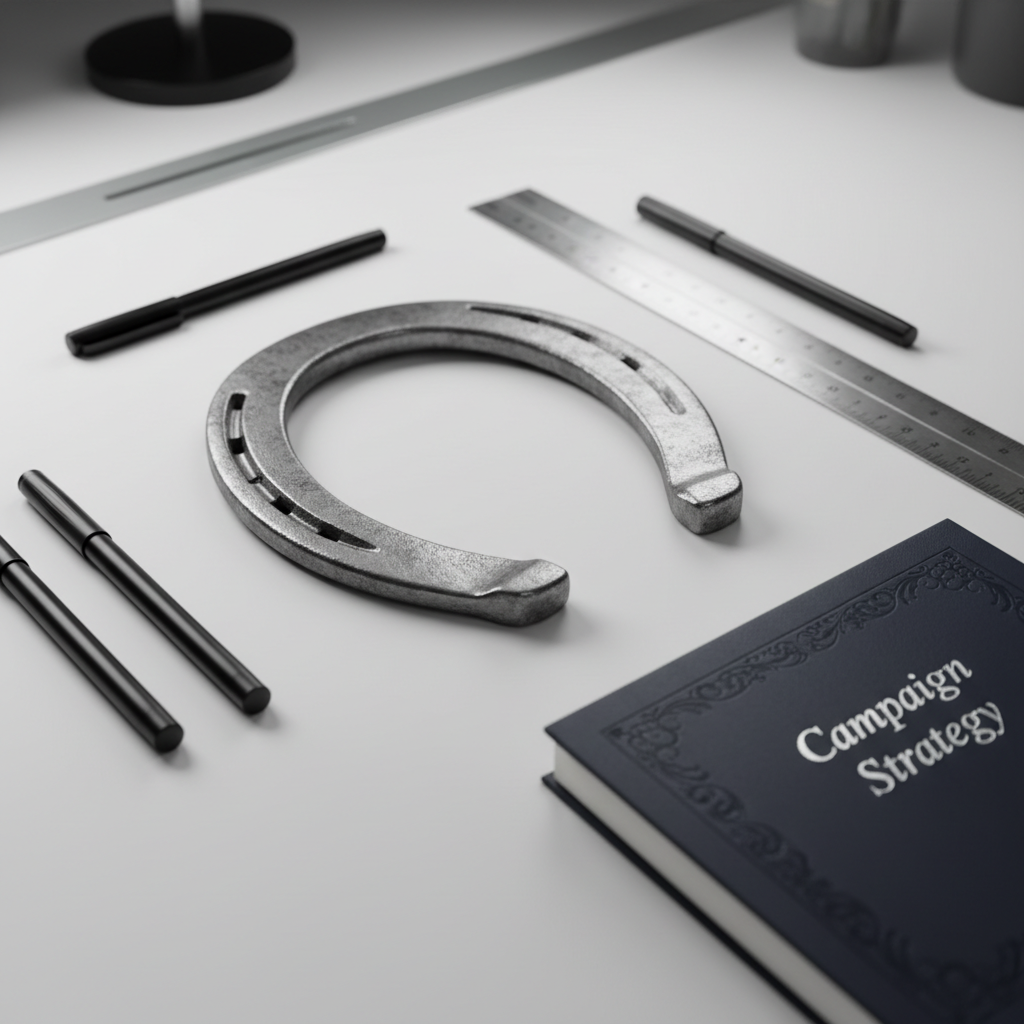 A close-up of a well-used but carefully cleaned horseshoe placed on a pristine white drafting table, surrounded by neatly arranged stationery: fine-tip pens, a metal ruler, and a closed, embossed navy-blue notebook labeled “Campaign Strategy.” The steel of the horseshoe shows subtle scratches and burnished edges, contrasting with the clean, controlled workspace. Soft, diffused overhead office lighting creates even illumination with delicate, directional shadows that emphasize structure. Shot from a slightly elevated angle with shallow depth of field, the horseshoe is in crisp focus while the background gently blurs. The photographic realism and neutral color palette evoke a professional, strategic environment, symbolizing the equestrian world organizing to support immigrant families and human rights.