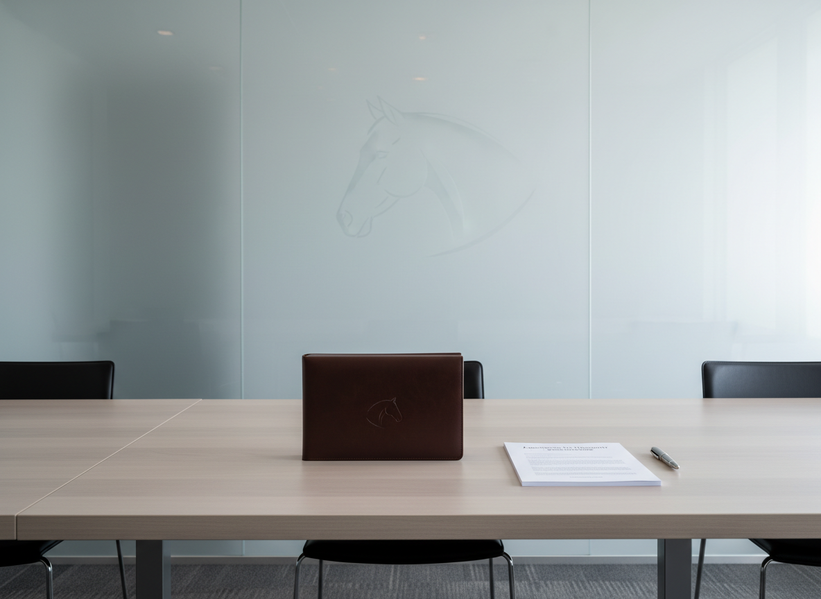 An elegant, minimalist conference table in a modern meeting room, its surface a pale ash wood with a satin finish, holding a single leather-bound portfolio embossed with a subtle horse silhouette. Next to it, a silver pen rests beside a stack of neatly printed briefing documents titled “Equestrians for Humanity Fundraising Report.” In the background, a large frosted-glass panel features a faint, etched outline of a horse’s head. Cool, even daylight filters through, creating clean lines and gentle shadows. Captured in photographic realism from a slightly wide, eye-level angle, the composition is balanced and uncluttered, conveying professionalism, accountability, and a structured, corporate approach to equestrian-driven philanthropy.