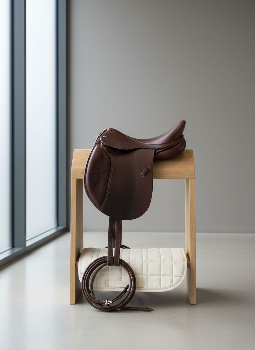 A meticulously groomed chestnut saddle resting on a smooth, light oak saddle stand in a minimalist tack room. The leather is rich and slightly worn, with precise stitching and polished silver buckles catching soft daylight from a nearby frosted window. Neatly coiled reins and a folded cream saddle pad sit below, arranged with geometric precision against a neutral gray wall. The floor is a clean, matte concrete, reflecting faint highlights. Captured at eye level with a sharp, photographic realism and balanced composition, the image conveys professionalism, quiet commitment, and the serious, organized nature of an equestrian community united for a cause, in a calm, corporate-style aesthetic.