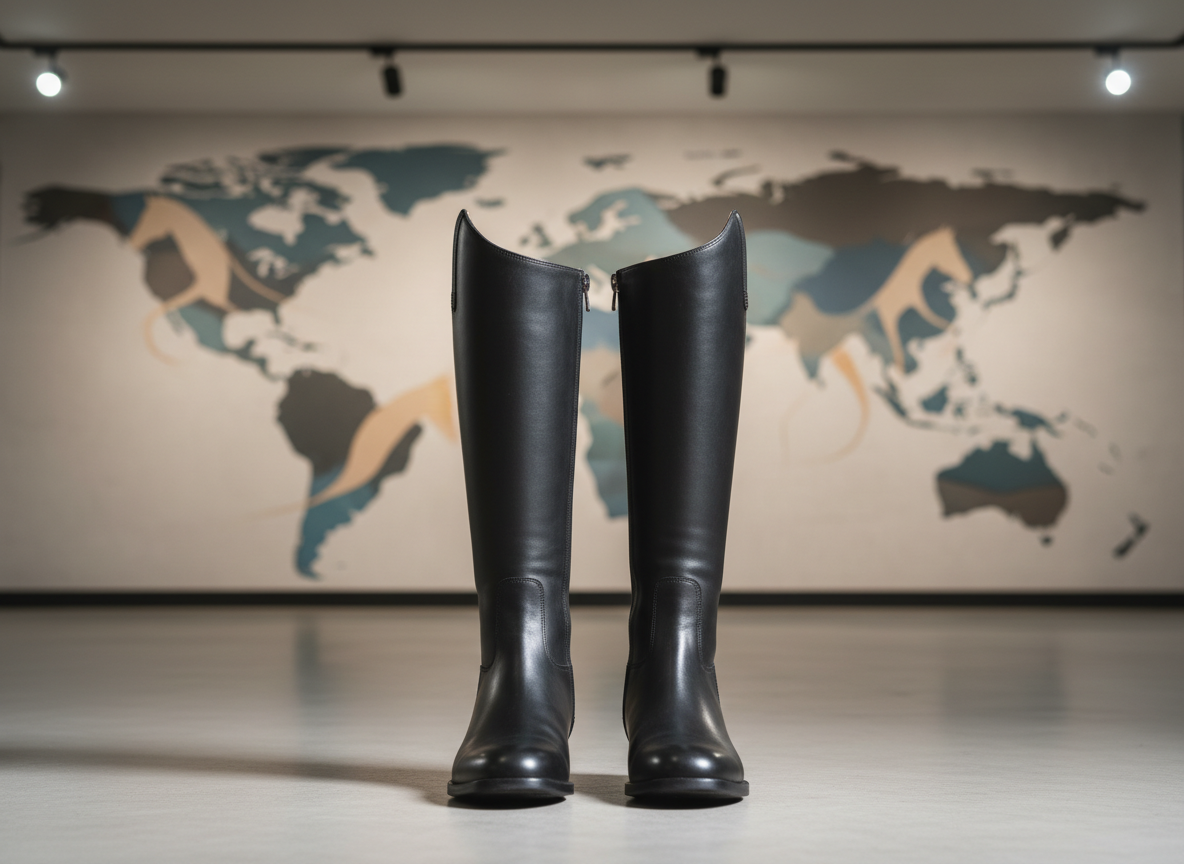 A pair of spotless, tall black riding boots stands symmetrically on a smooth, light-gray concrete floor, positioned in front of a sleek, neutral-toned wall featuring a subtle, abstract mural of overlapping continents and stylized horse profiles. The leather of the boots has a soft sheen, with precise seams and polished zippers, evoking discipline and readiness. Overhead, diffused gallery-style lighting creates soft, vertical highlights on the boots and a clean gradient of shadow behind them. Photographed straight-on at boot height with a moderate depth of field, the boots dominate the frame while the mural remains tastefully subdued. The mood is calm, resolute, and purpose-driven, embodying the equestrian community stepping forward to support global human rights and immigrant families.